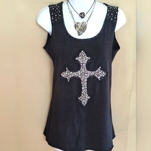 Black Embellished Cross Tank Top